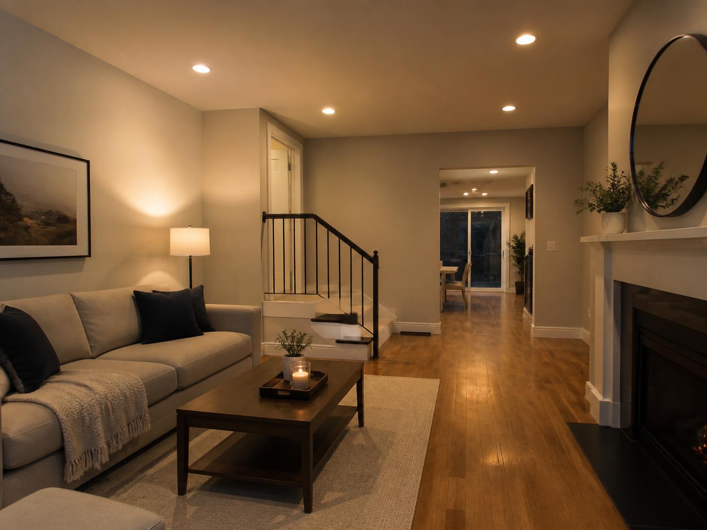 Finished residential living space with recessed lighting, outlets, and switches in use