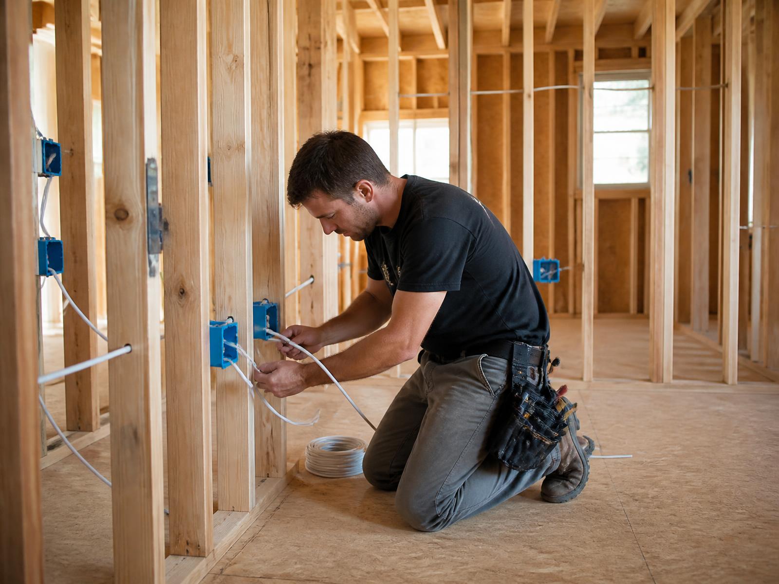 Electrician pulling wiring to electrical boxes inside exposed framing during a residential remodel rough-in