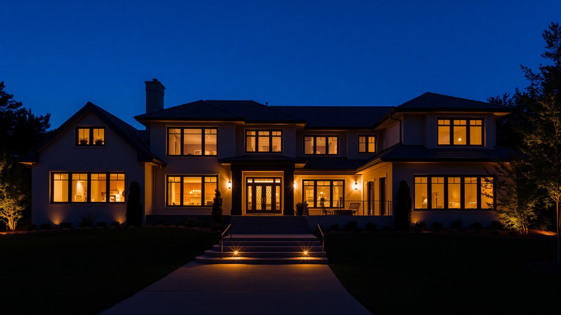 Beautiful home illuminated at dusk