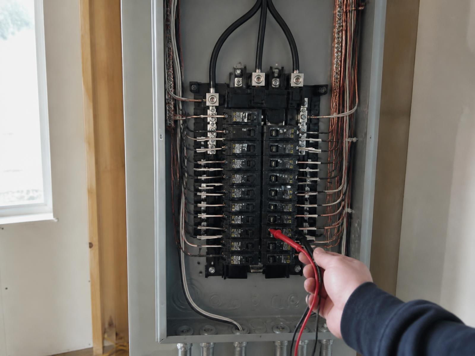 Residential electrical panel with neatly organized breakers being tested with a meter