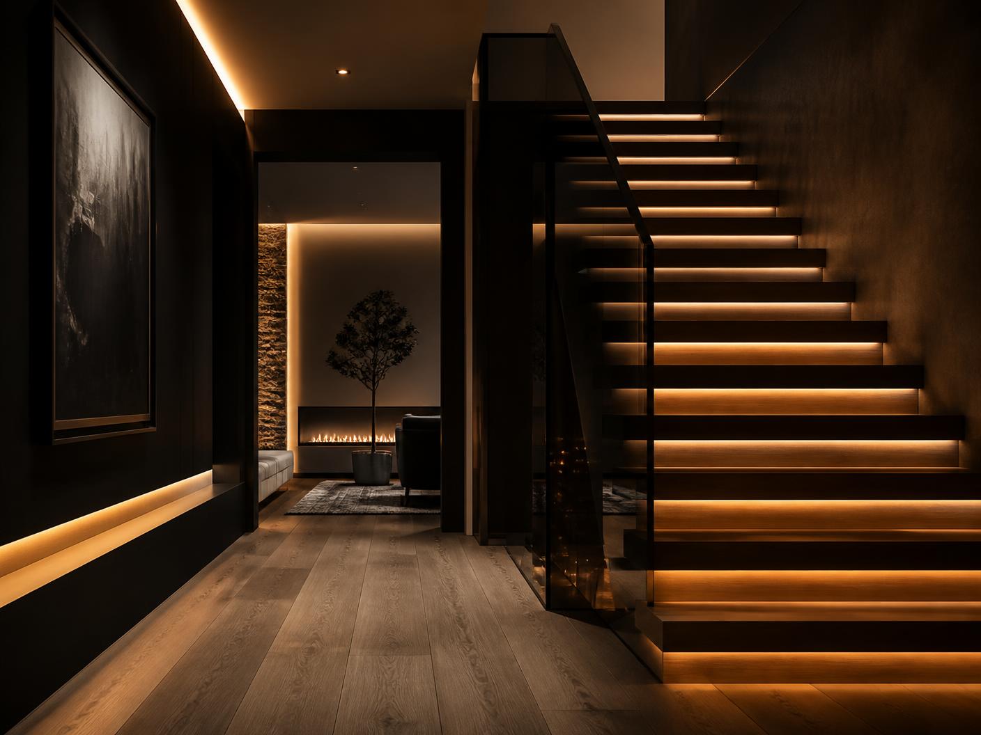 Modern home hallway and staircase with integrated architectural lighting