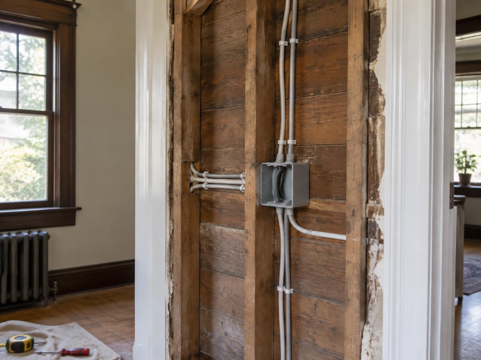 New electrical cable and a junction box neatly installed on original wood framing inside an older home during renovation