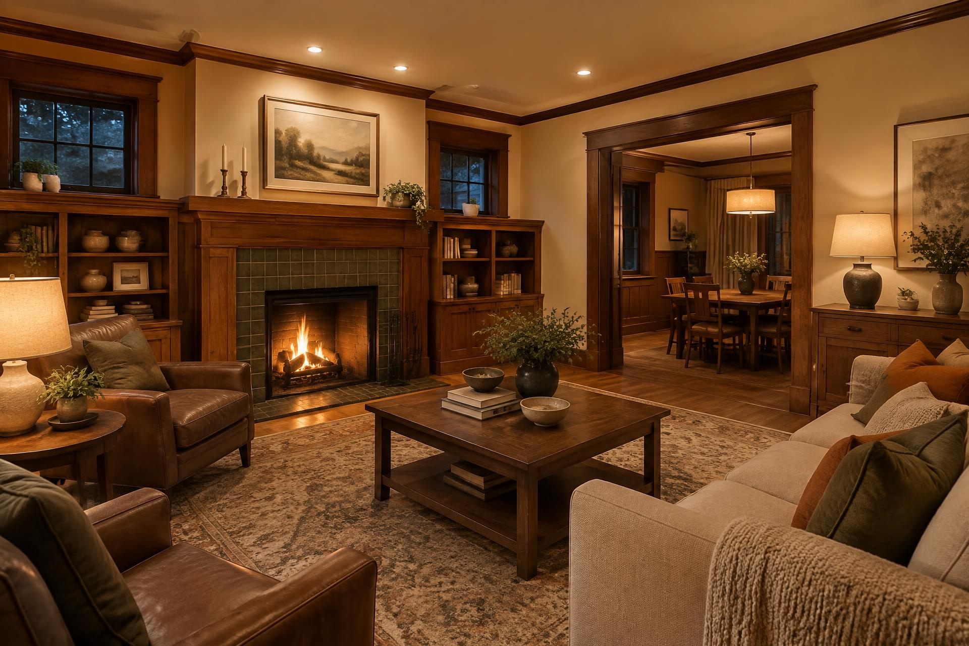 Established older home living room in the evening with warm modern lighting
