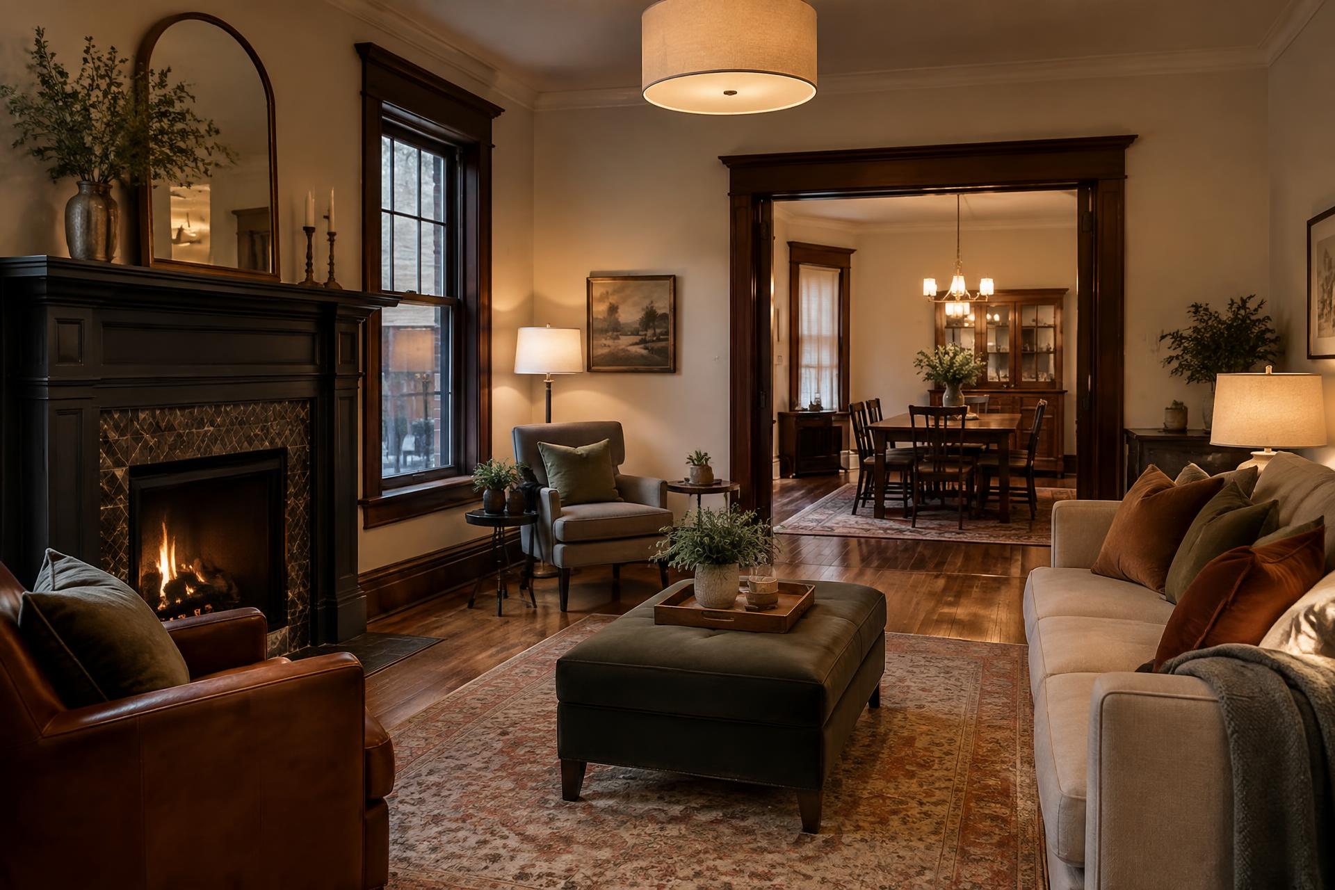 Warmly lit living and dining rooms in a finished older home with original woodwork