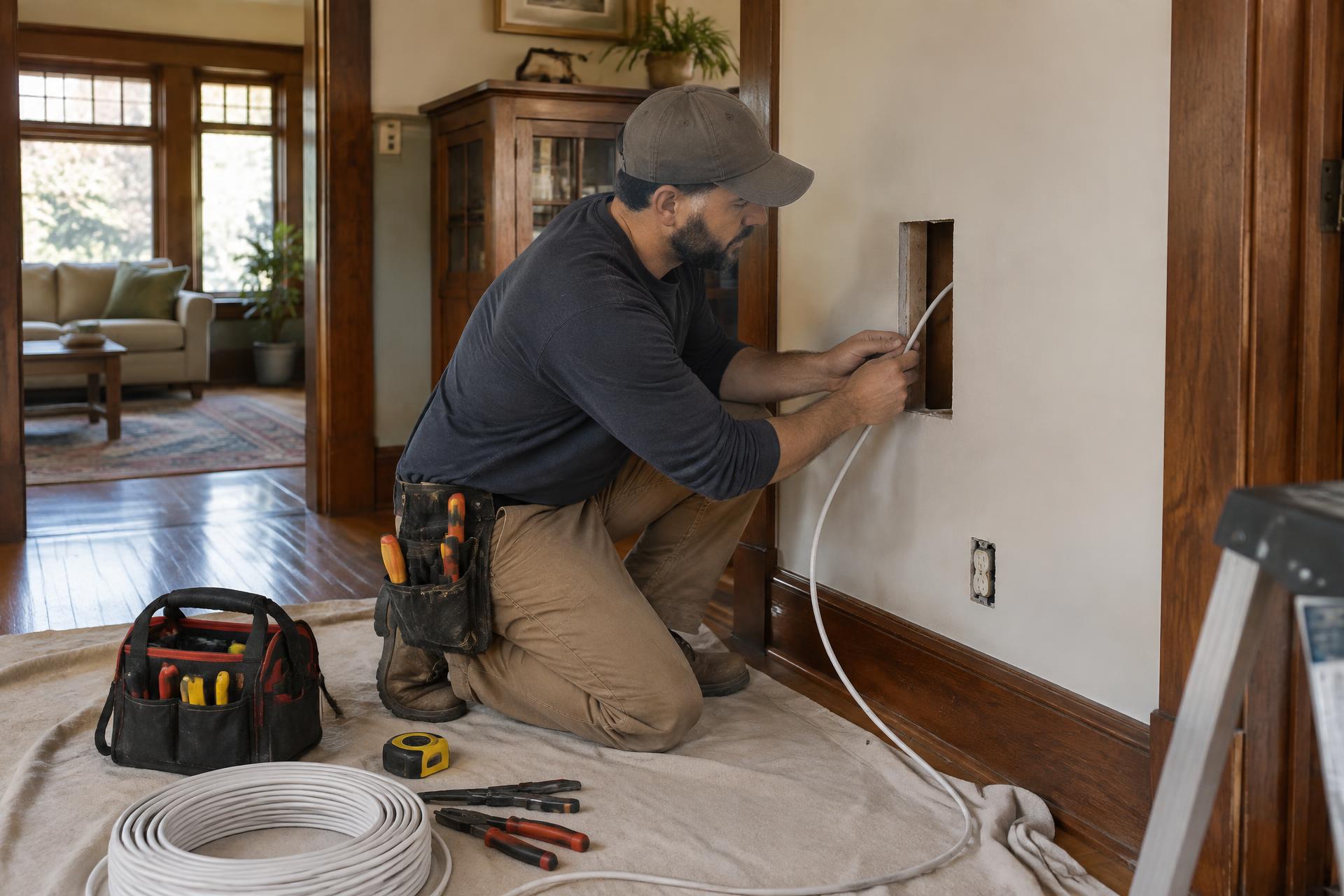 Electrician carefully routing new residential wiring through a wall opening in an older craftsman home