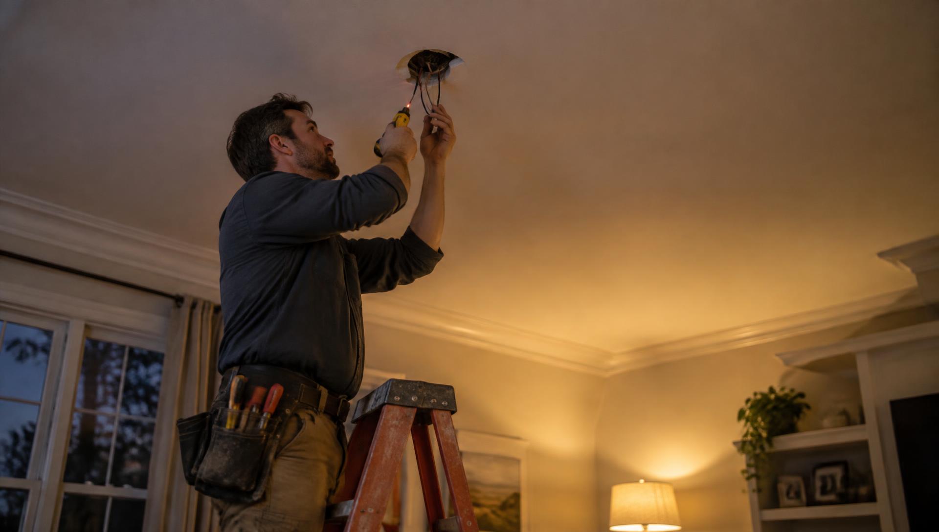 Electrician checking a ceiling fixture connection with a voltage tester in a home at evening