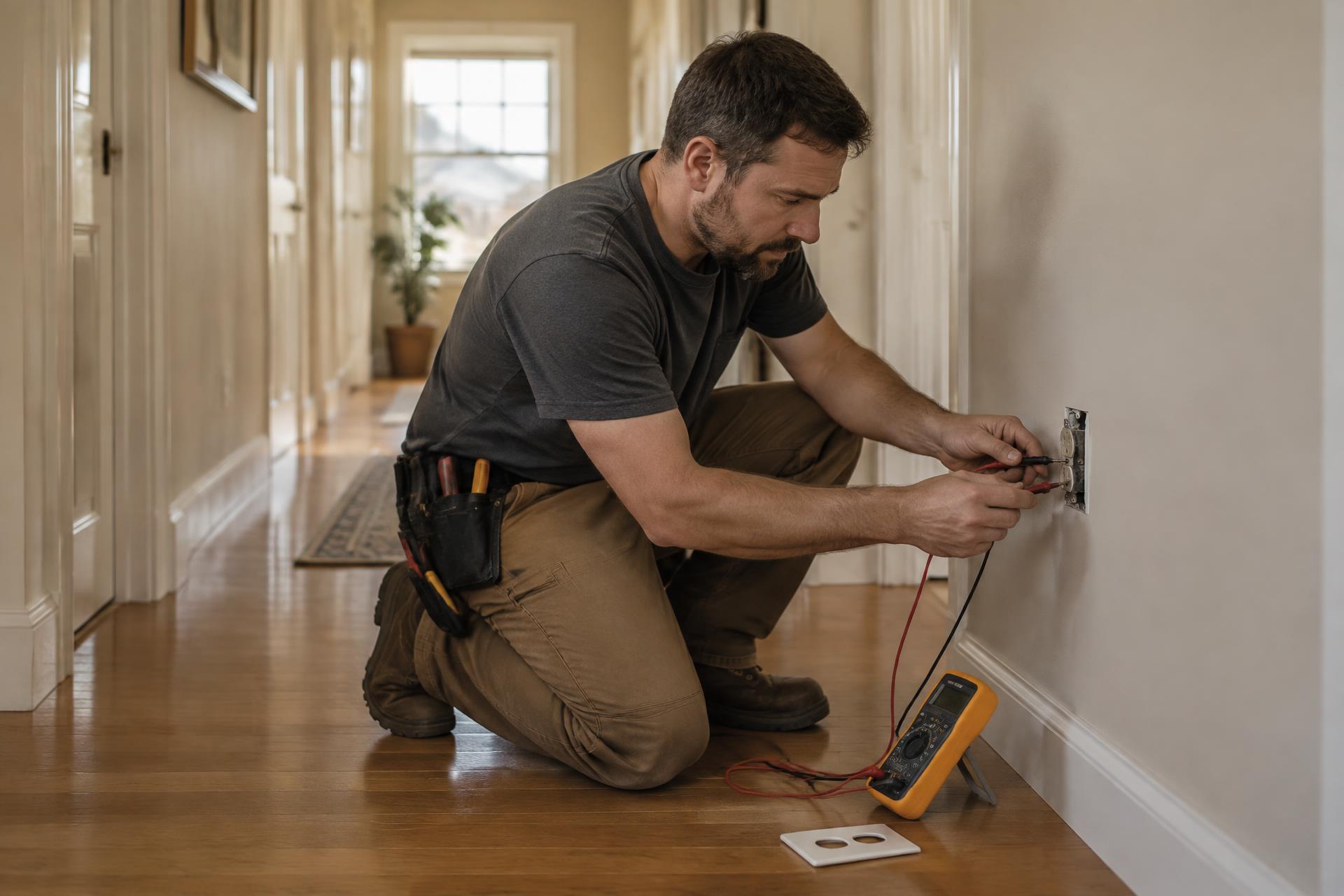 Electrician testing a residential wall outlet with a multimeter while troubleshooting an electrical problem