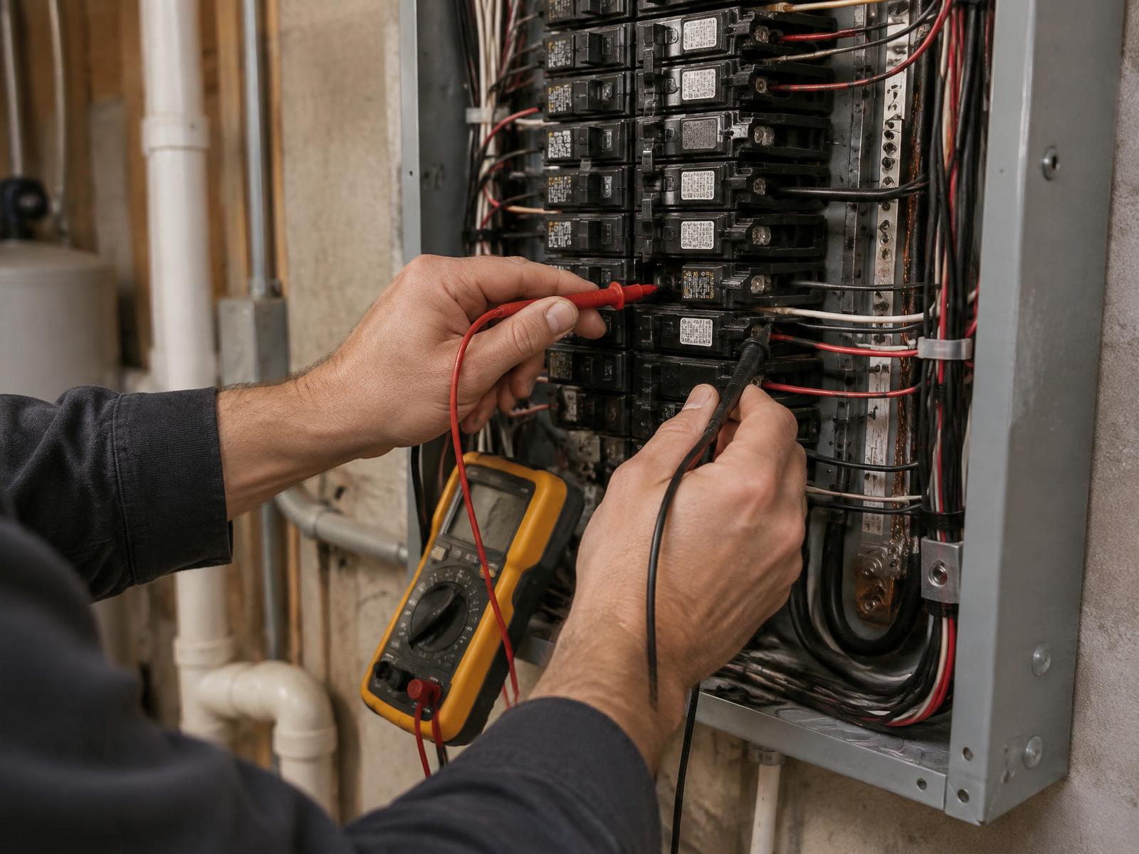 Electrician using a multimeter to test breaker terminals inside an open residential electrical panel