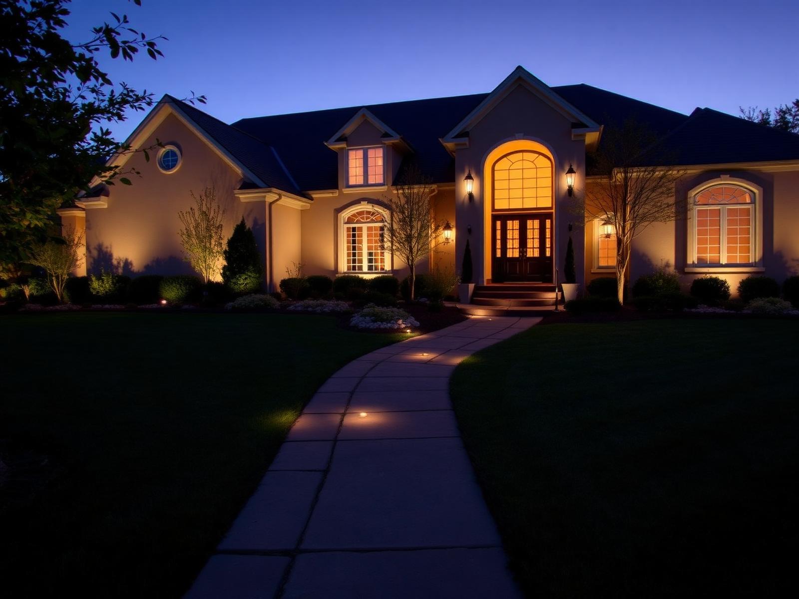 Exterior lighting installed on a residential property at dusk